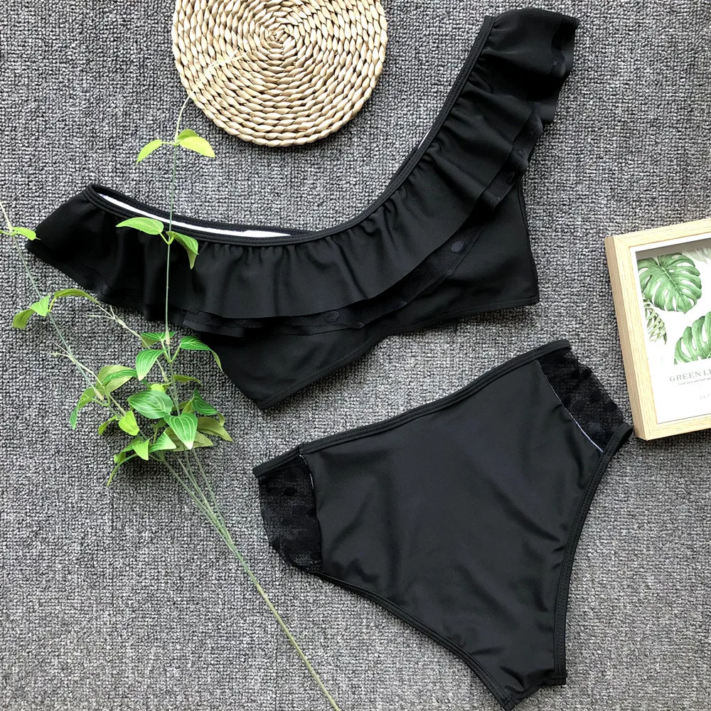 

High Waist Swimwear 2019 Female Sexy Ruffle Women Solid Color Straps Two Piece Push Up Swimsuit Yellow Off Shoulder