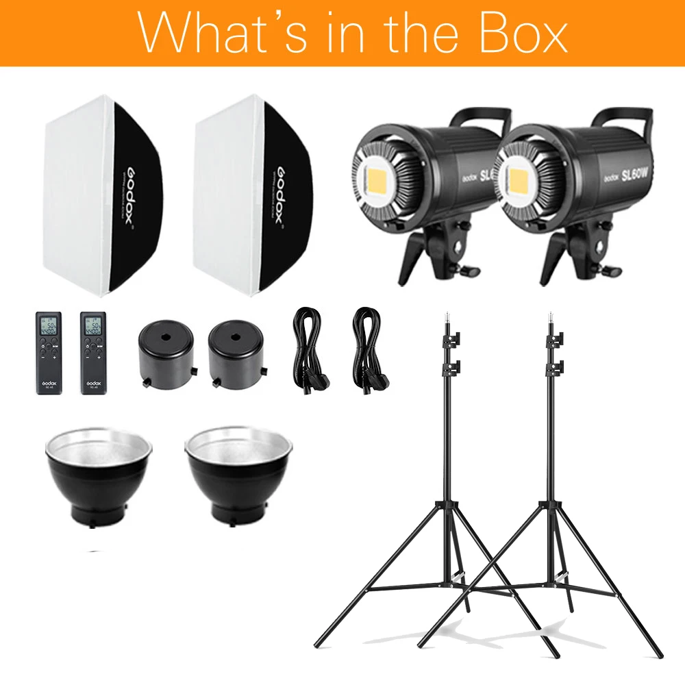 2x Godox SL-60W 60Ws 5600K Studio LED Continuous Photo Video Light+ 2x 1.8m Light Stand+ 2x 60x90cm Softbox LED Light Kit