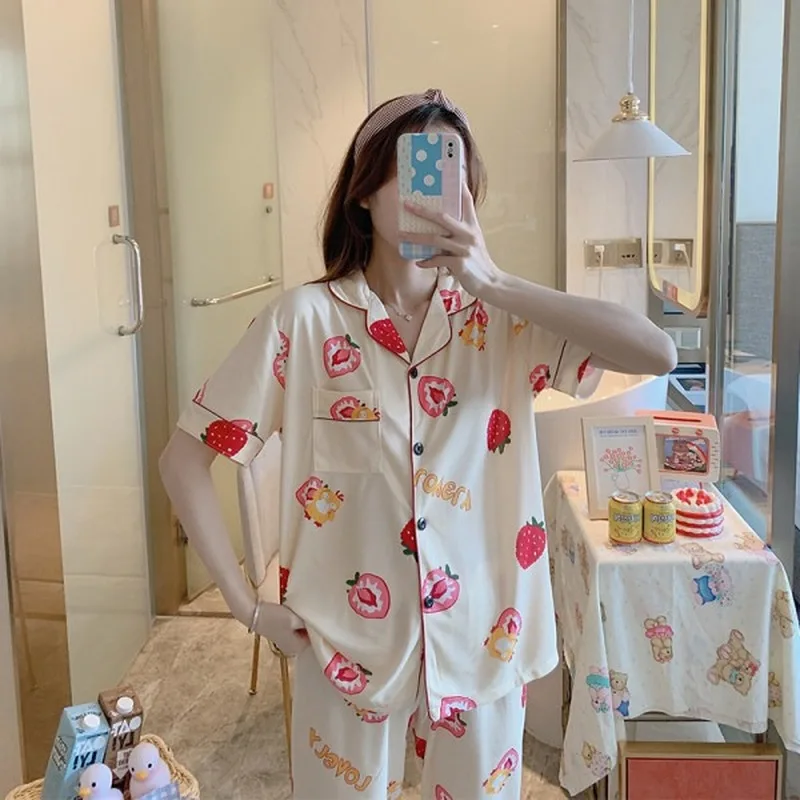 

Summer Cartoon Strawberry Letter Print Women Pajamas Set Short Sleeve Cardigan Pyjamas 2 Piece Suit Female Lapel Home Sleepwear