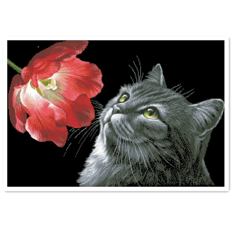 

Cat and tulip cross stitch package flower aida 18ct 14ct 11ct black cloth people kit embroidery DIY handmade Dreampattern