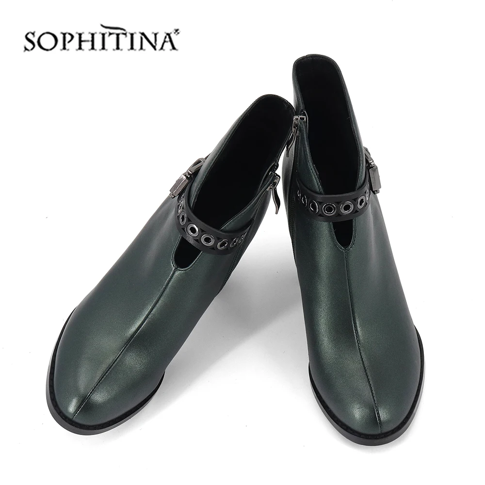SOPHITINA/новые модные ботинки с пряжкой; Высококачественная однотонная удобная женская обувь из овечьей кожи на квадратном каблуке; ботильоны с круглым носком; SC407