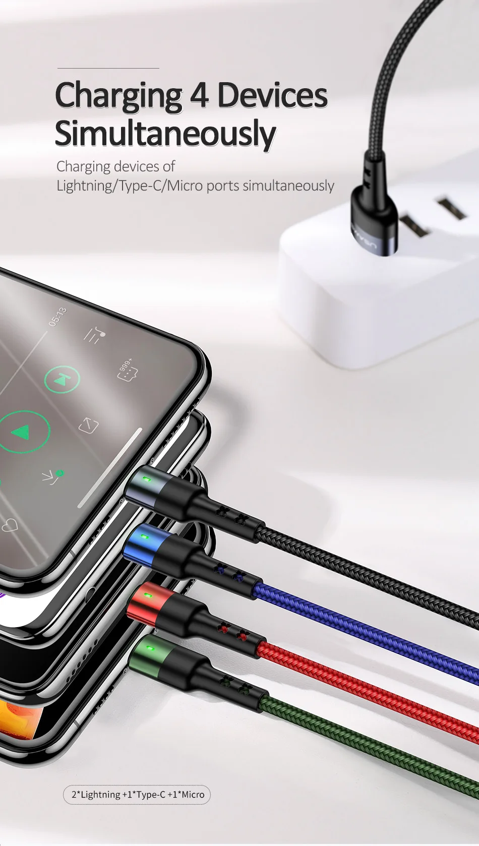 USAMS 3 в 1 Micro USB кабель 3A type C кабель для iPhone кабель USB C кабель для зарядки 4 в 1 шнуры для iPhone 6 6s 7 8 x xs samsung