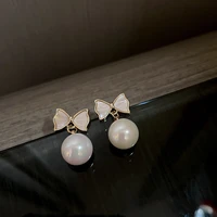 korean elegant simple simulated pearl shell bow dangle earrings for women alloy shiny fashion earring girl party wedding jewelry