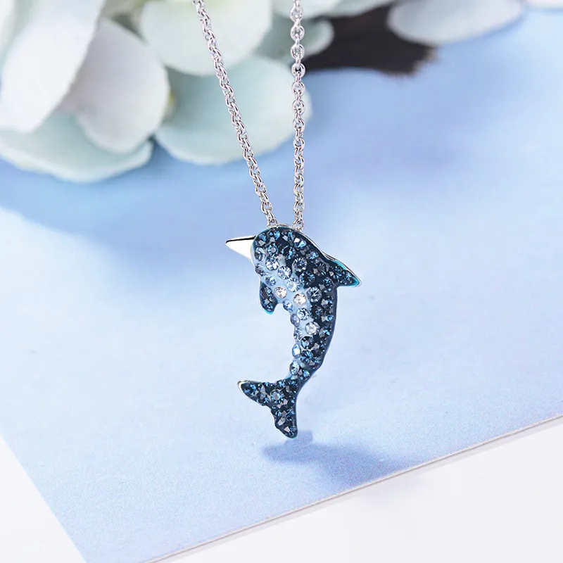 

Buyee Women Pendant Chain Blue Crystal Dolphin Fish 925 Sterling Silver Simple Necklace for Girl Excellent Jewelry Chain 45cm