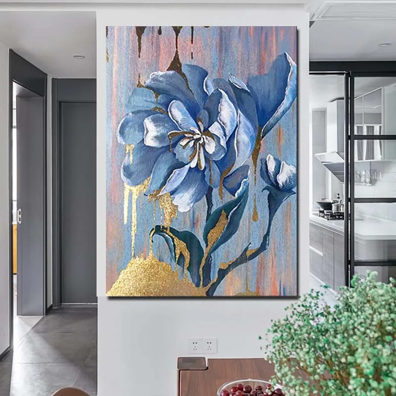 

Hand Painted Abstract Blue Flower Oil Painting On Canvas Modern Gold Foil Wall Pictures For Living Room Home Decor Drop Shipping