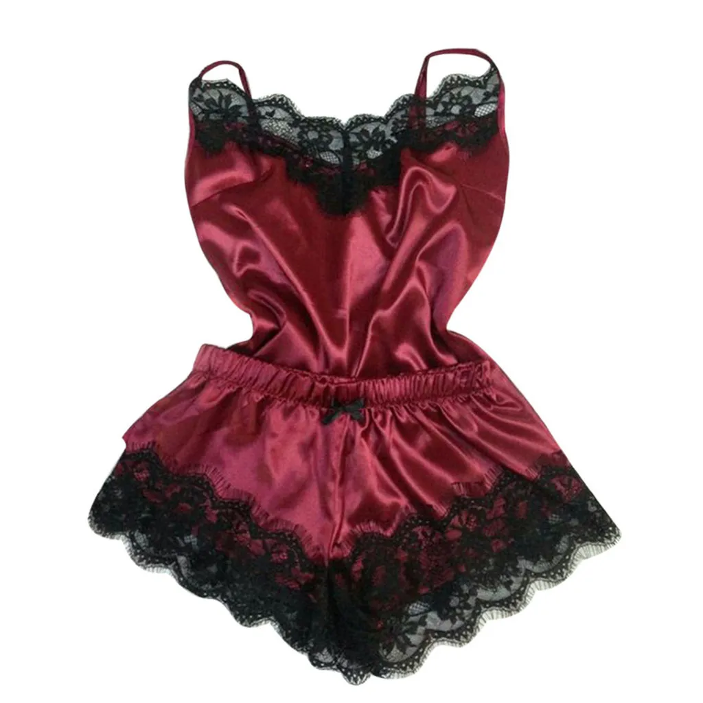 

Lace Trim Satin Cami sexy linger Pajama Sets femme sexy lingerie pyjamas women Women Bow Sleepwear Sleeveless Strap Nightwear *