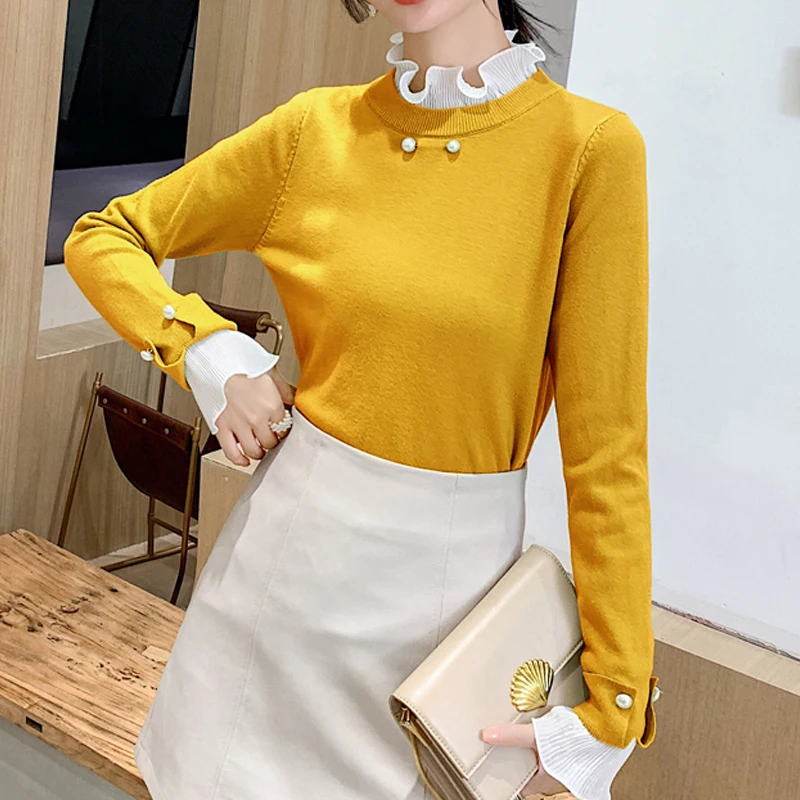 Вязанные блузки осень 2019 новые тонкие шифоновые с длинным рукавом и