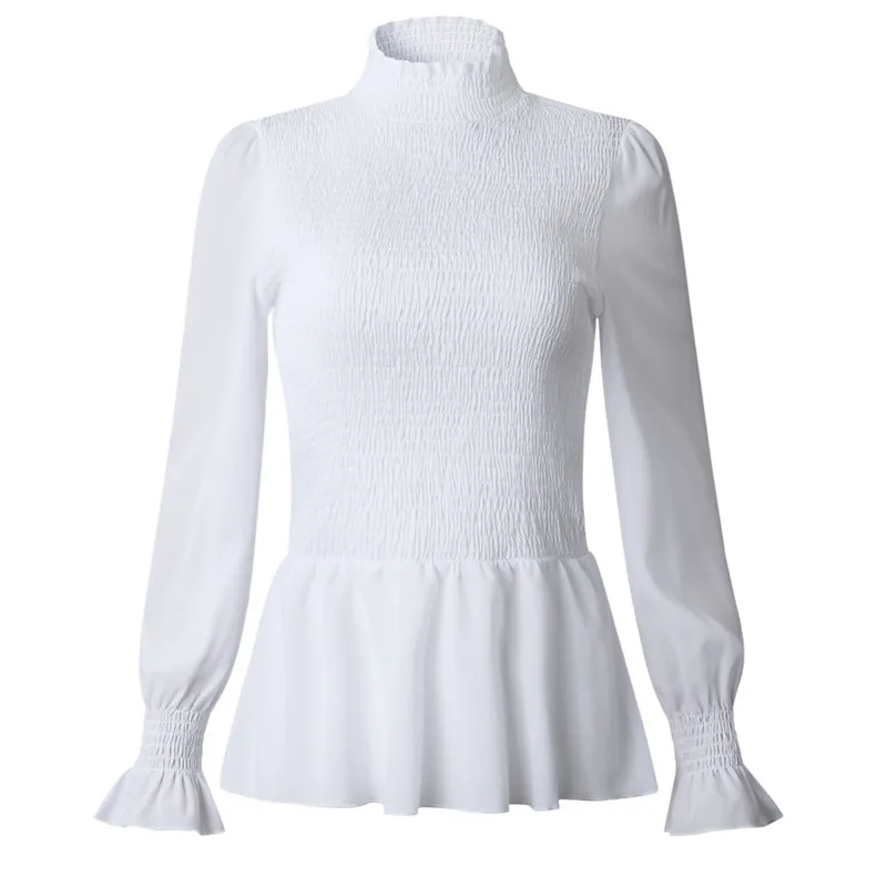 

New Elegant Blouse Women Spring Summer Fashion Solid Flare Sleeve Chiffon Shirt Simple Female Stand Collar Tops