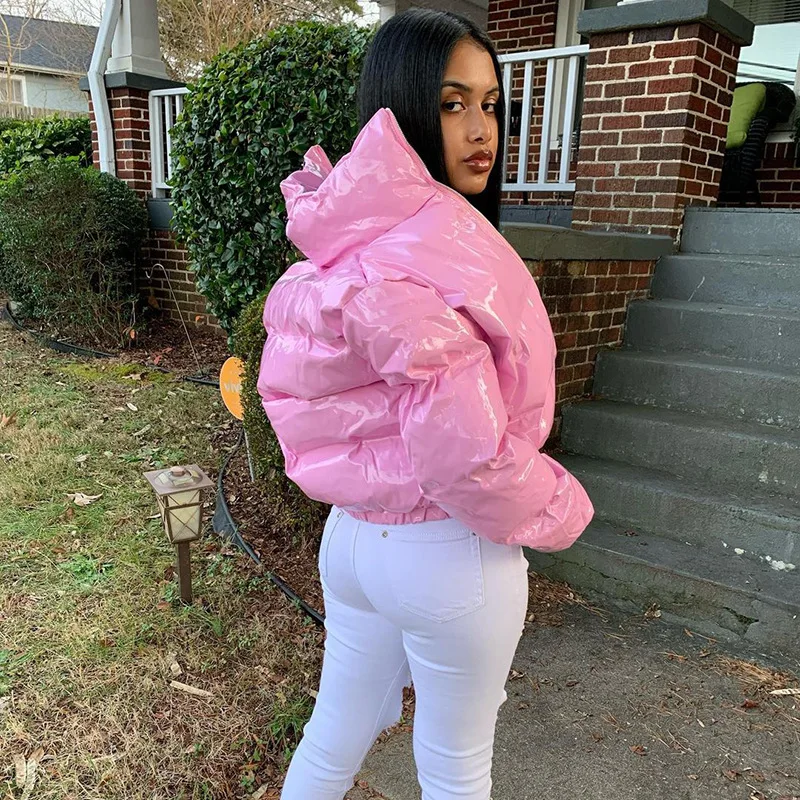

Winter Fashion Women Three-dimensional Zipper Mirror Skin Bright Warm Cotton Jacket Bright Shining Short Thick Down Jacket Coat