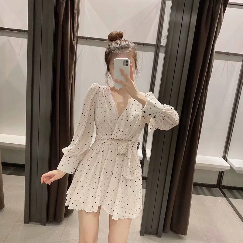 

Y2k Chiffon Polka Dot Dress Spring And Autumn Ladies V-neck Bow Elegant Dresses Long Sleeve Belt Boho Casual Party Evening Dress