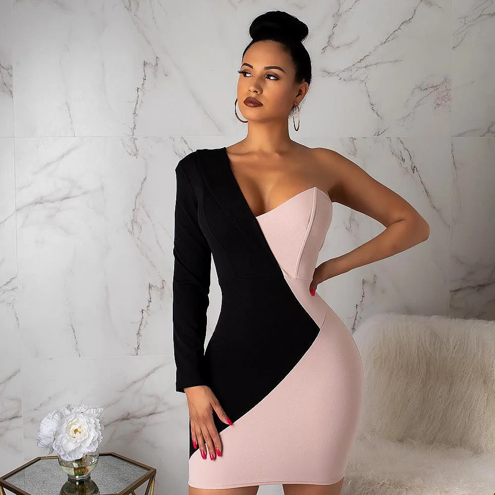 

Вечернее платье 2021black Pink с одним плечом, комбинированное, контрастных цветов, асимметричное, с длинным рукавом, облегающее, офисное, женское ...