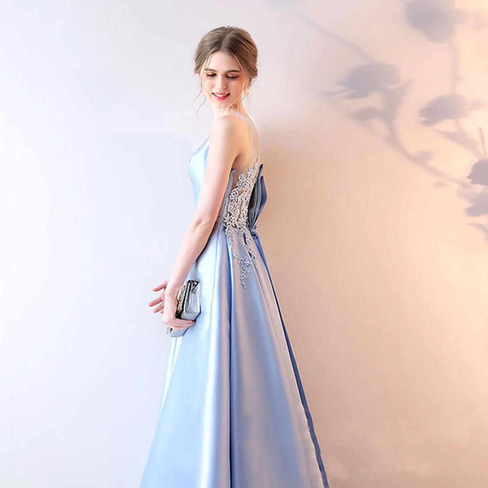 Long Evening Dress Sky Blue Lace Sleeveless V-Neck Backless Sexy Formal Fashion Women Prom Gown Dresses Robe De Soiree Vestidos | Свадьбы и