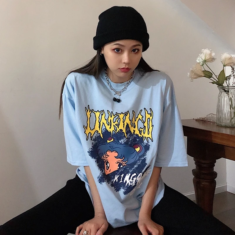 

Anime Cartoon Black Print T Shirt Women Korean Style Cotton Tops Tee Short Sleeve Plus Size Y2K Gothic Punk Clothes Dropshipping
