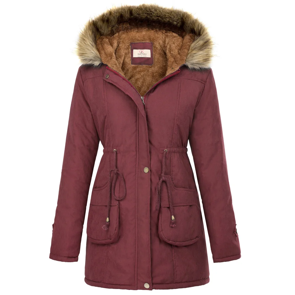 Grace Karin, женская зимняя куртка, теплая, утолщенная, с флисовой подкладкой, пальто, верхняя одежда, военный, с капюшоном, с карманами, хлопок, мех, Женская куртка - Цвет: Burgundy