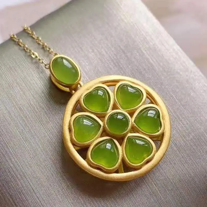 

Natural Hetian Jade Green Jade Good Luck Comes Women's Accessories Necklace S925 Sterling Silver Sweet Art Heart-Shaped Gilding