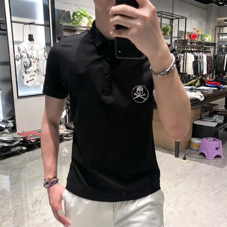 

Europe style Summer Short Sleeve Rhinestones Polo Shirt Men Cotton Hot drill Slim Casual Polos Breathable Rhinestones Shirt