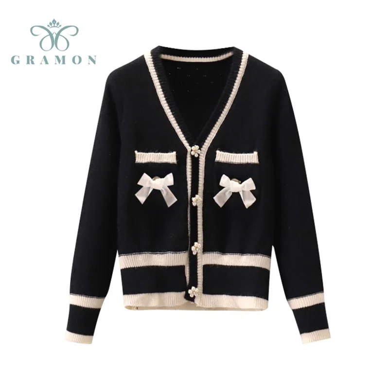 

Свитер с длинным рукавом, кардиган, женские осенние вязаные топы, модные корейские Стильные Свитера оверсайз с V-образным вырезом и бантом н...