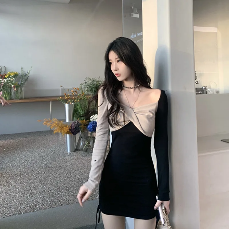 

Pure Desire Female Black Spliced Dress High Waist Temperament Shoulder Exposure Sexy Tight Body Nightclub Wrap Buttocks Skirt