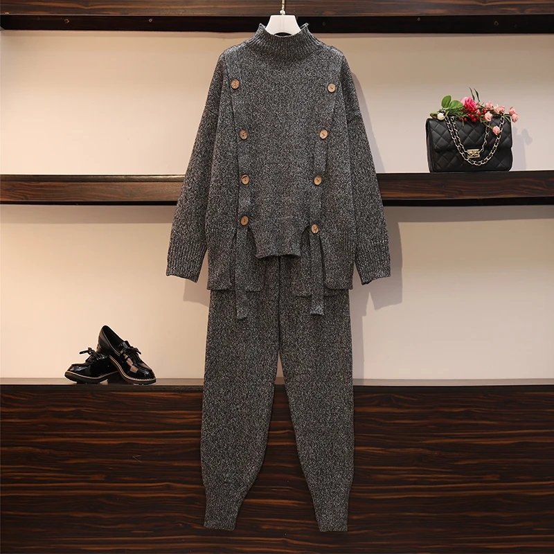 Женский спортивный костюм большого размера плюс вязаный свитер водолазка топ и