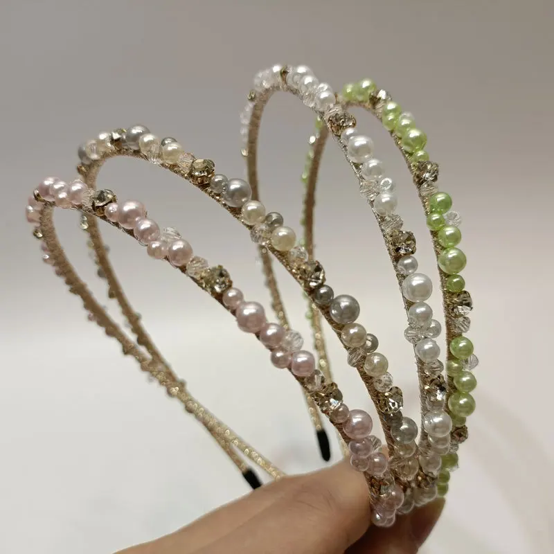 

Sweet and Simple Pearl Headband Handmade Gold Wire Diamond Barrette Crystal Zircon Full Diamond Flower Hair Accessories Tiara