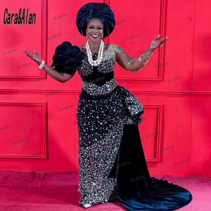 

Блестящие черные вечерние платья знаменитостей, женская вечерняя одежда с длинным рукавом, велюровые платья с бусинами и кристаллами для в...