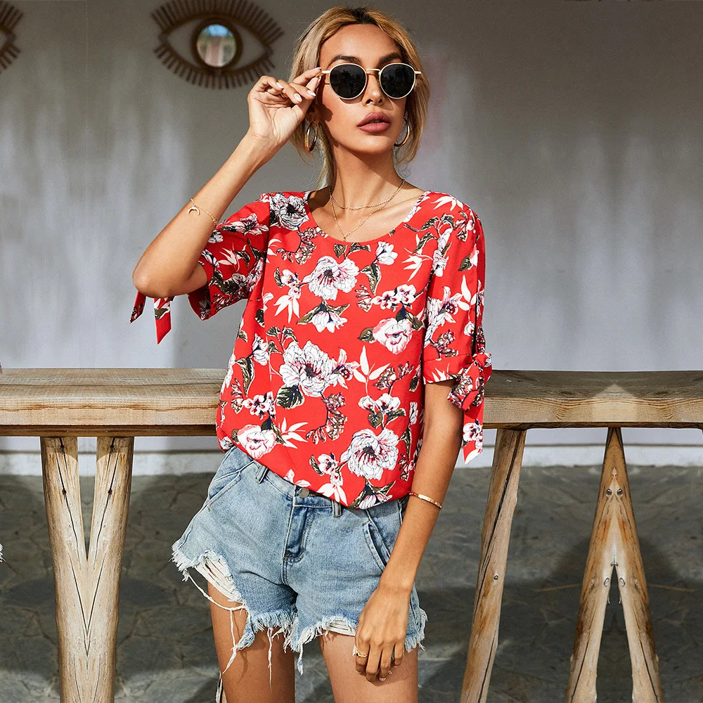 

Summer Top 2021 Floral Print Woman Tshirts Feminina O-neck Lace Up Graphic Tee Vintage Loose Waist Short Sleeve Shirts for Women