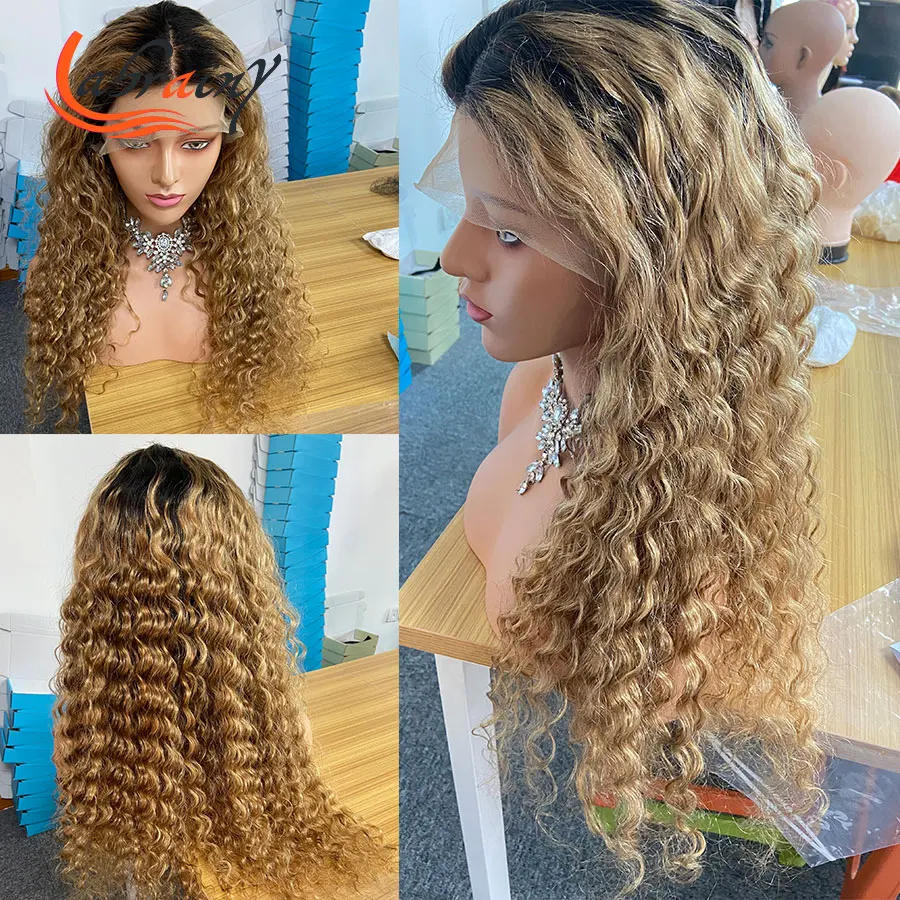 

HD Lace Frontal Human Hair Wigs Loose Curl Highlight Honey Blonde Kinky Curly Wig Ombre Colored Full Pre Plucked Deep Wave 13x6