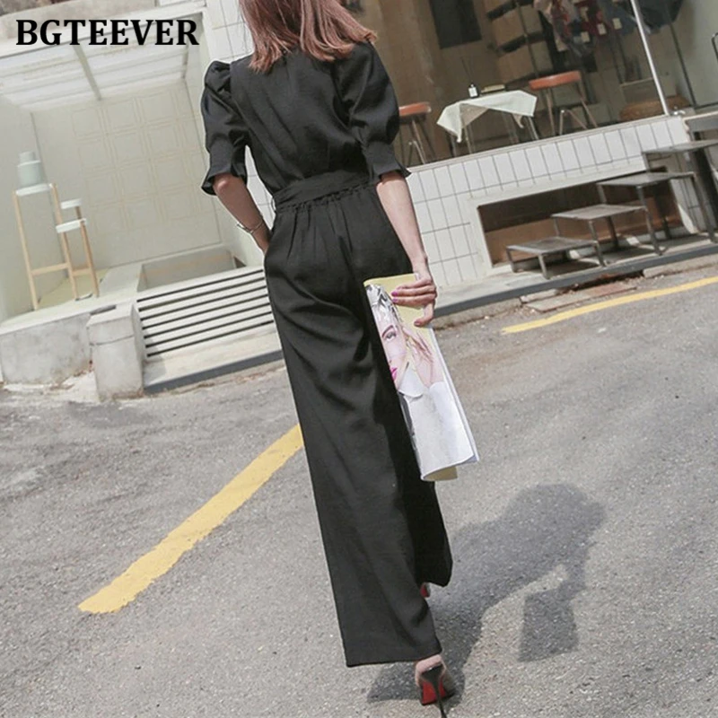

BGTEEVER Elegant O-neck Lace-up Women Playsuit 2020 Summer Office Wear Overalls Puff-sleeve Wide Leg Female Jumpsuits Rompers