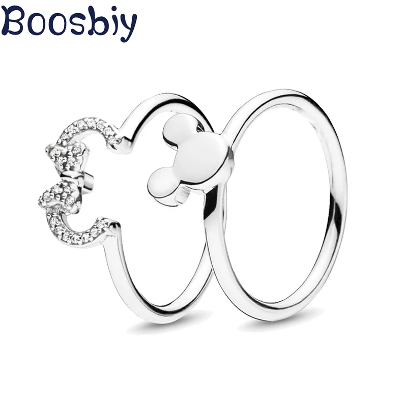 Boosbiy, Новое поступление, изящные серебряные кольца на палец с изображением Минни и Микки, свадебные кольца с кристаллами для женщин, вечерние, подарок