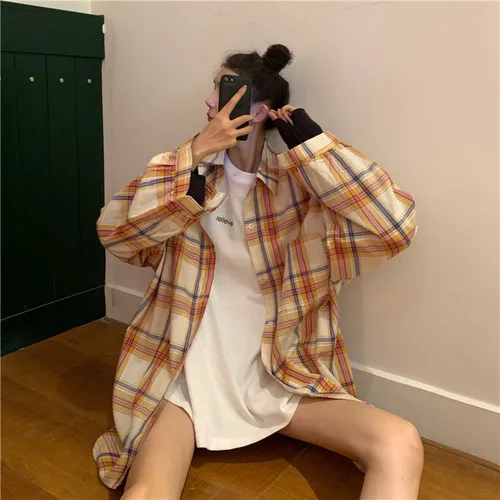 Plaid Simple Loose All Match Fashion Basic Turn Down Collar 2019 Winter Thin Female Women Long Sleeve Shirts |