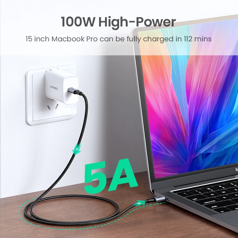 Кабель Ugreen с usb type c на 100 Вт 5 А 1 м 2 быстрая зарядка PD для xiaomi ноутбука pro Samsung macbook
