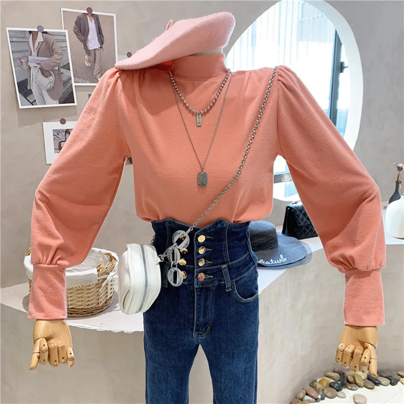 

Niche Design New Women's Clothing 2021 Autumn Winter Versatile Half High Collar Lantern Sleeve T-Shirt Loose Bottomed Shirt Top