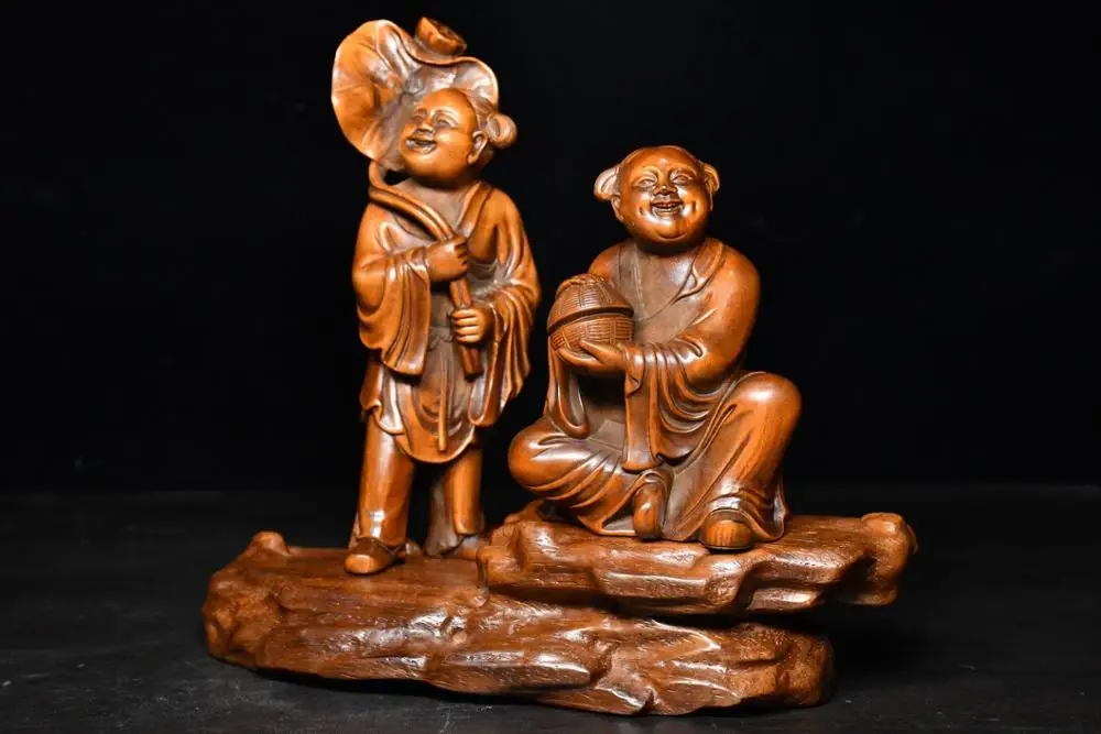 

Home Decor 8" China Collection Old Boxwood Hehe Two Immortals Implication harmonious family Happy marriage