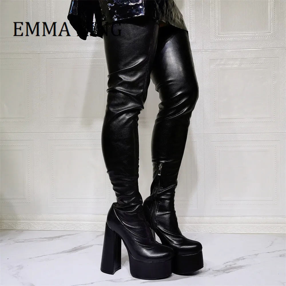 

Women Black Over The Knee High Boots Unisex Platform Stretch Leather Thigh High Boots Chunky High Heeled Gothic Shoes For Women