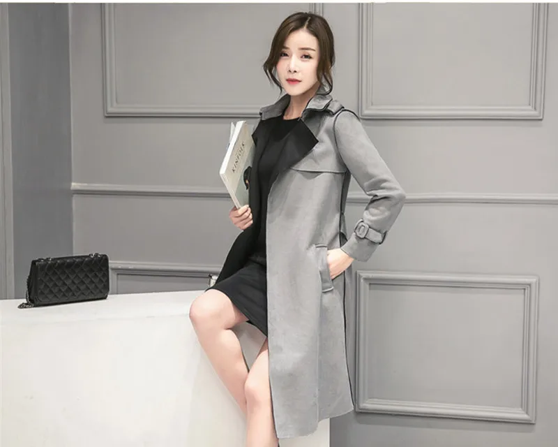 Ветровка с поясом Женская в Корейском стиле узкие серые пальто Весна Осень Тренч