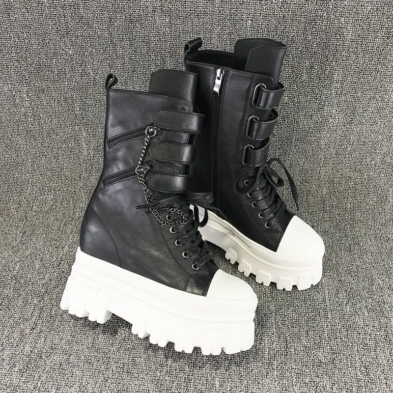 

Женские высокие ботинки на толстой подошве, высокие кожаные ботинки-мартинсы на высоком каблуке 12 см для весны и осени