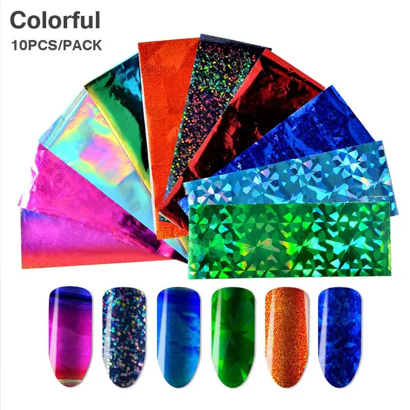 1Pack 10Pcs 10 шт Голографическая фольга для ногтей, набор прозрачных наклеек AB для переноса цвета, украшения 2,5*100 см, смешанные дизайны, наклейки для маникюра и нейл-арта - Цвет: 1Pack 10Pcs