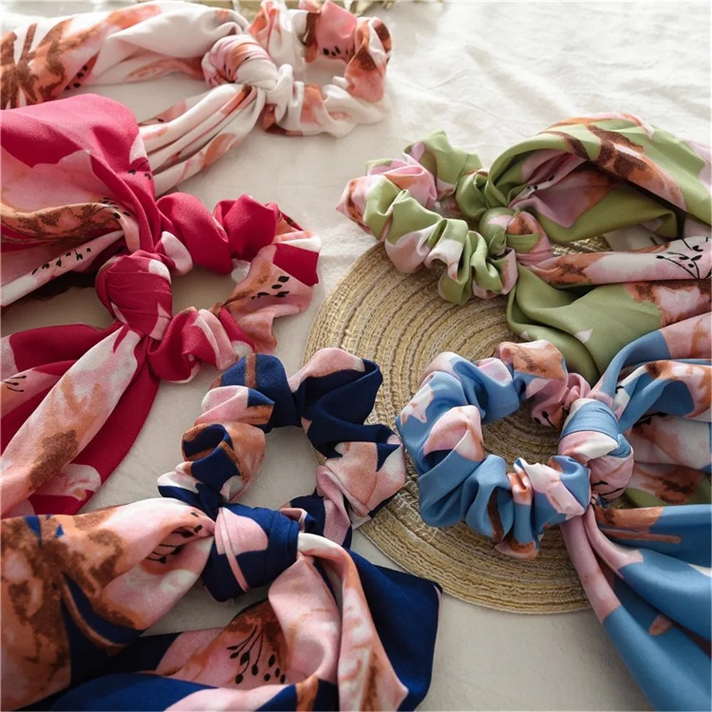 

Beach Style Flower Print Women Hair Ring Fashion Girl Hair Bands Scrunchies Horsetail Tie Solid Headwear