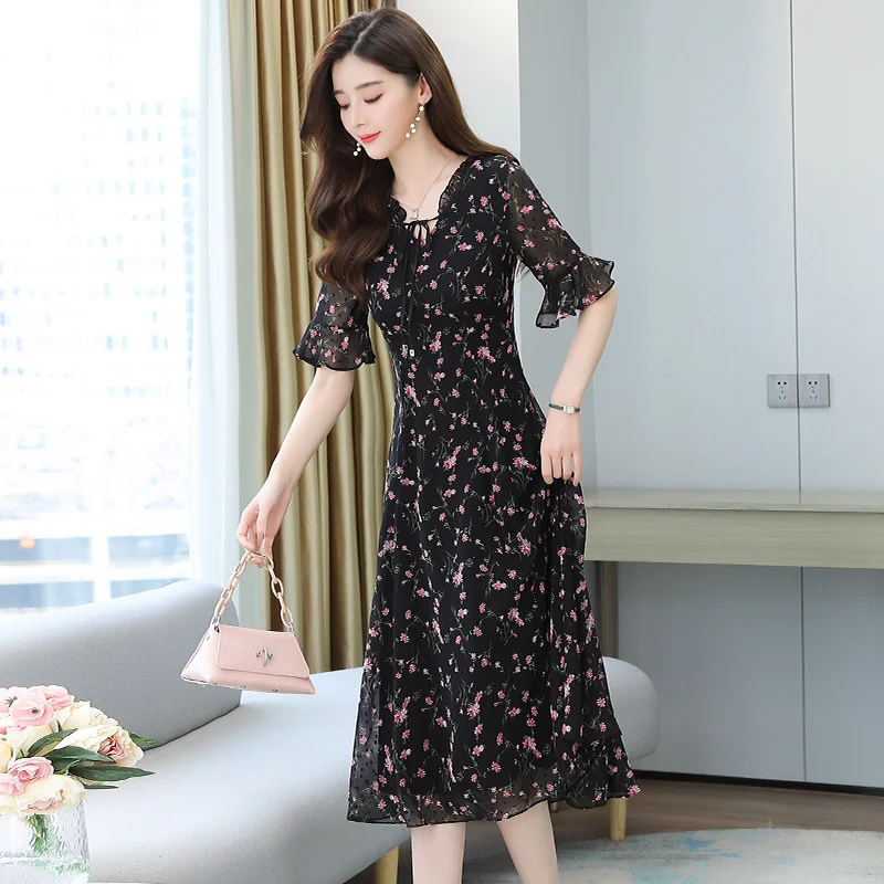 Женское шифоновое платье с длинным рукавом летнее приталенное цветочным принтом