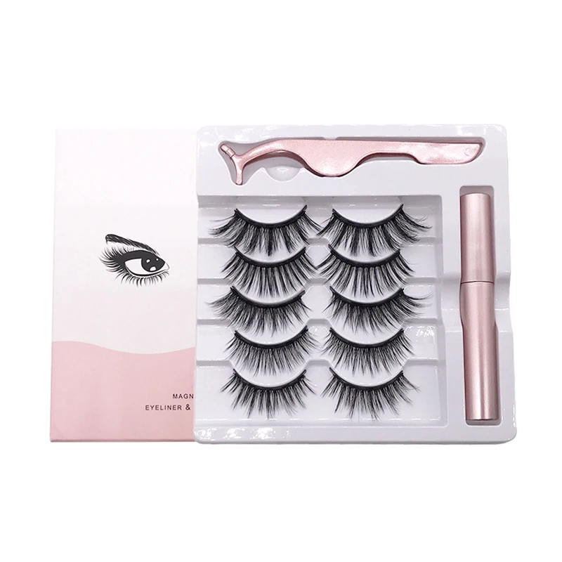 

Magnetic Lashes With Eyeliner 5 Pairs Faux Mink Magnetic Eyelashes Luxury Strip Lash Custom Packaging 100% Cruelty Free