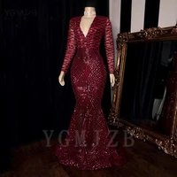 sparkly sequin red prom dresses 2020 mermaid v neck long sleeve saudi arabic women black girl formal party evening gowns