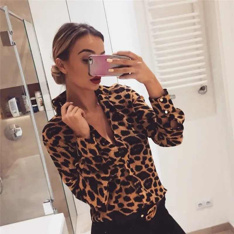 

Fashion Leopard Snake Skin Print Blouses Womens Loose Long Sleeve Shirts Tops Streetwear Elegante V-Neck Blusas