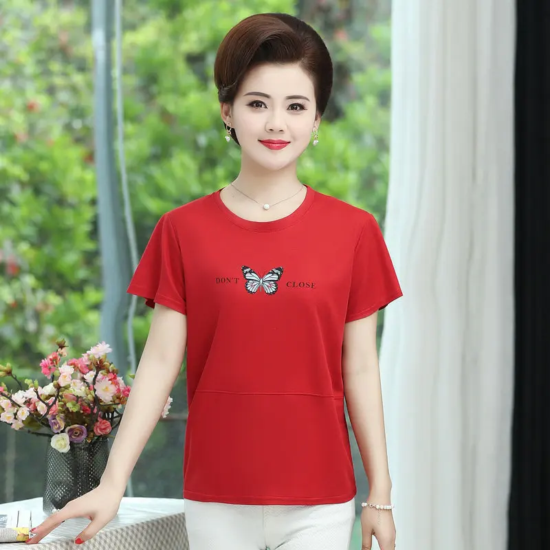 

Summer Middle Aged Women Red Pink Purple Blouses Short Sleeve Round Collar Butterfly Print Cotton Top Cozy Casual Clothes 2021