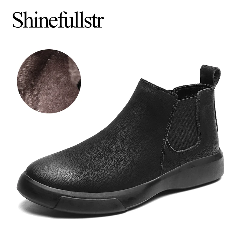 

Winter Plush Warm Men Chelsea Boots Leather Shoes Men's Ankle Snow Boot Black Khaki Brown Size 47