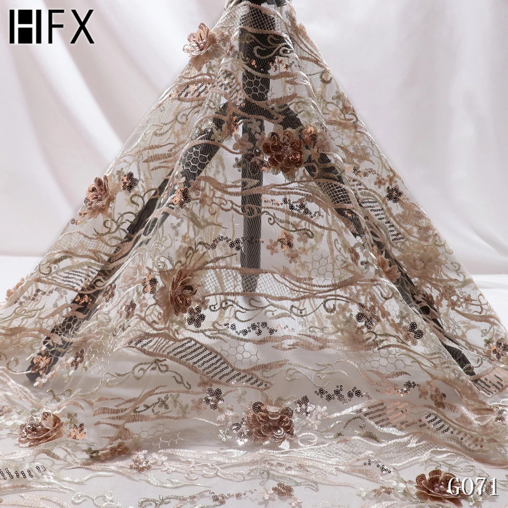 HFX Африканское французское кружево с пайетками 3d Цветы вышитый бисером тюль кружевная ткань нигерийские кружевные ткани для свадебной вечеринки G071