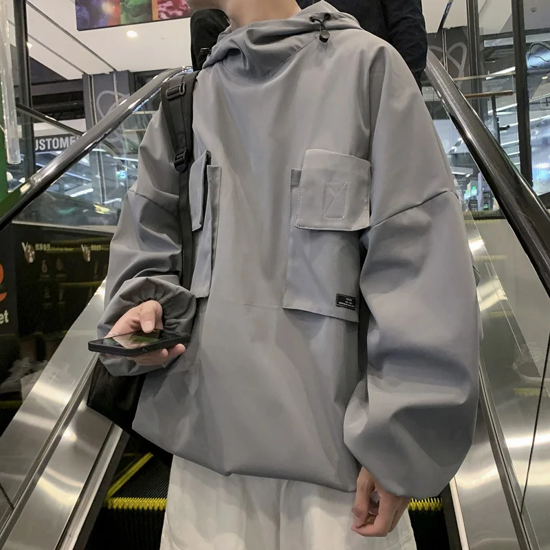 

Mens Hoodies Trendy Brand Ruffian Harajuku Style Jacket Autumn Loose Solid Color Big Pocket Jacket Tooling Hooded Jacket Men