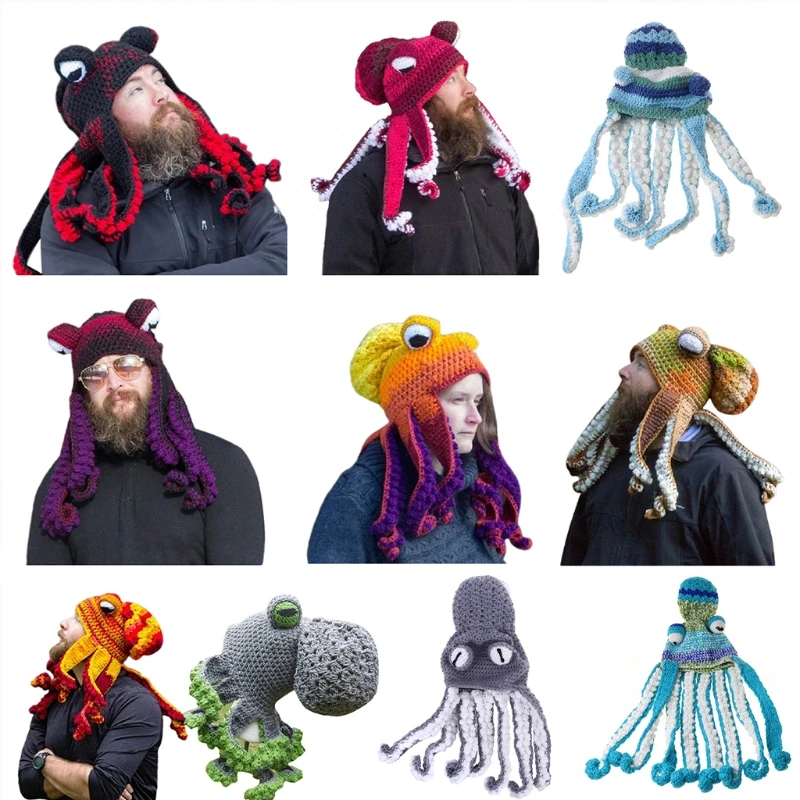 

Halloween Weave Knitted Beanie Hat Funny Gradient Octopus Tentacle Cosplay Cap
