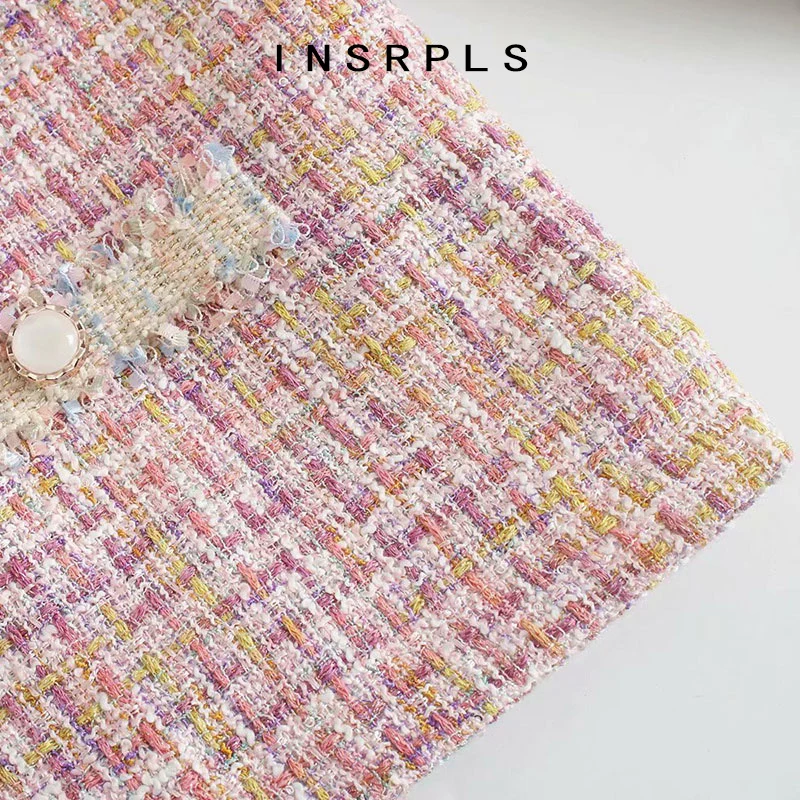 

INSRPLS Women Fashion Patchwork Checked Tweed Jacket Coat Vintage Long Sleeve Frayed Trim Female Outerwear Chic Tops