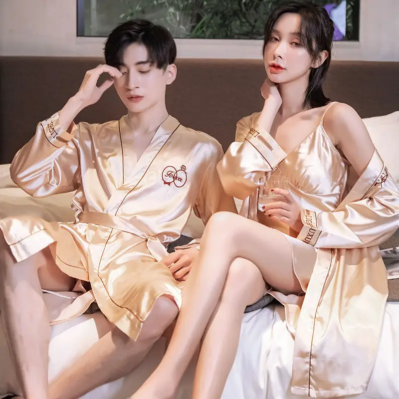 Extra Large Black 2pcs Robe Suit Sleepwear Male Silk Champagne Dressing Gown Robe Lovers Mens Satin Bathrobe Silk Kimono XXXL