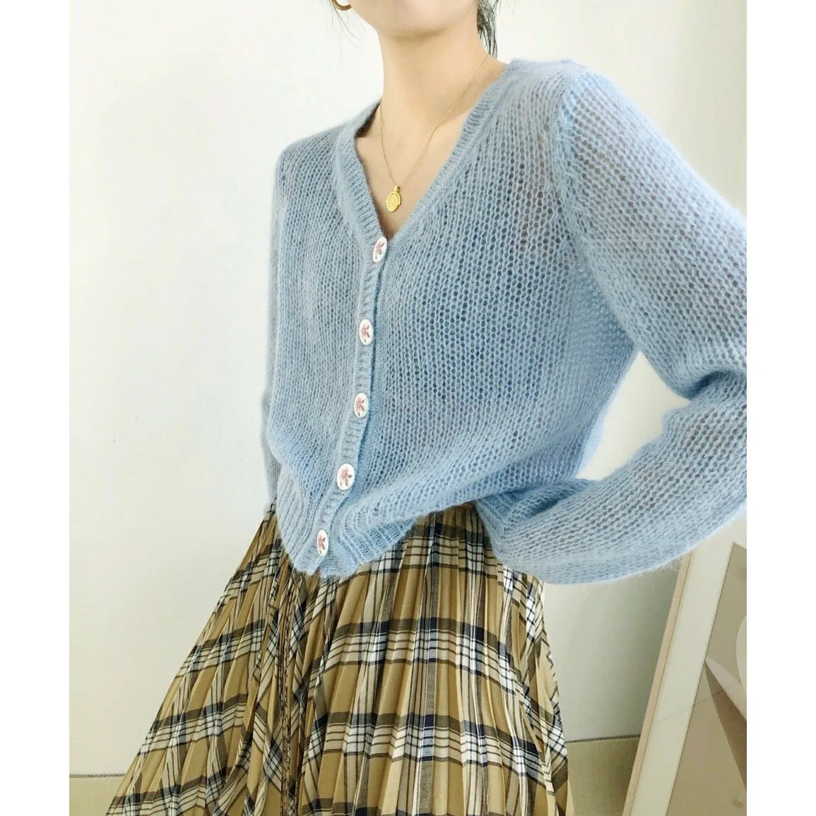 Women Sweater French Baby Blue Short Cardigan Floral Button Aqua Wool Mohair |